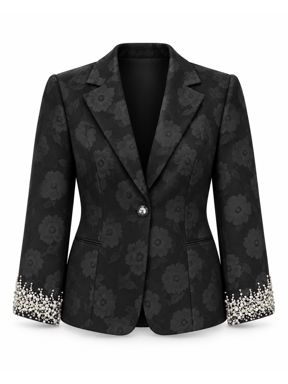 Black Embellished Floral Jacquard Blazer